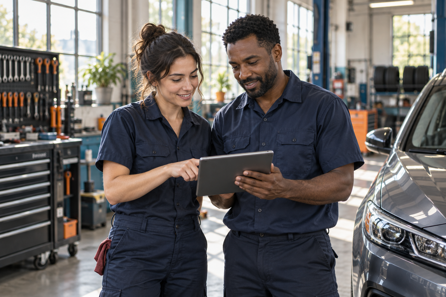 Illustrative workshop professionals reviewing a tablet beside a vehicle
