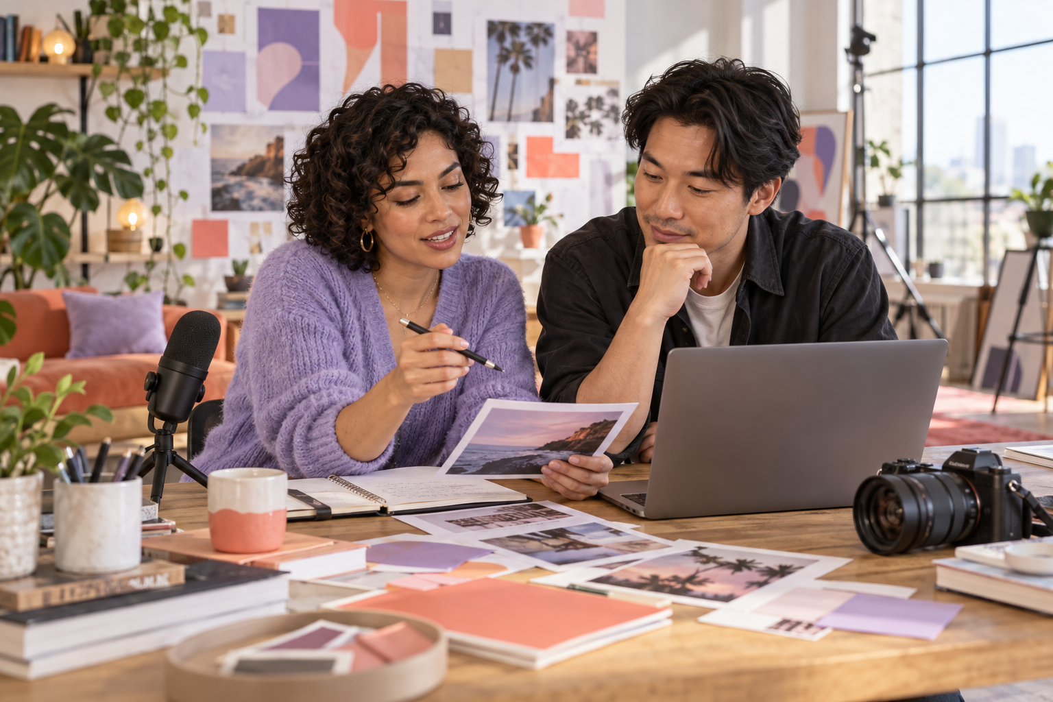 Illustrative creative professionals reviewing ideas in a media studio