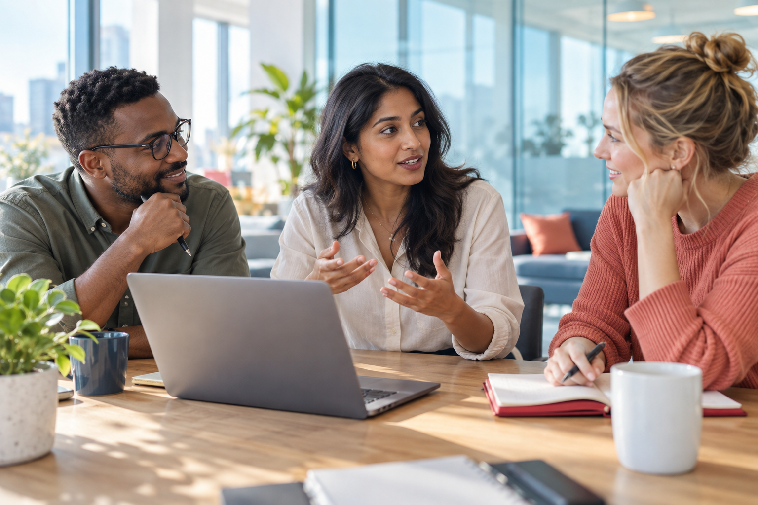 Illustrative professionals collaborating in a bright office