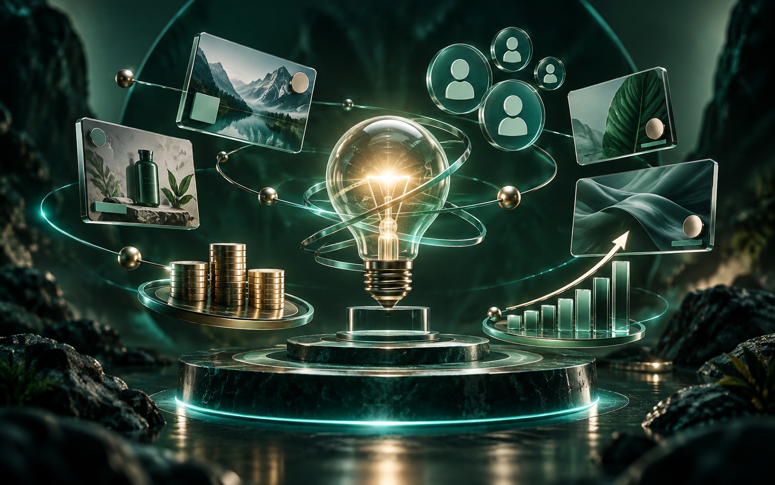 Three dimensional campaign planning scene with creative, audience and budget visuals