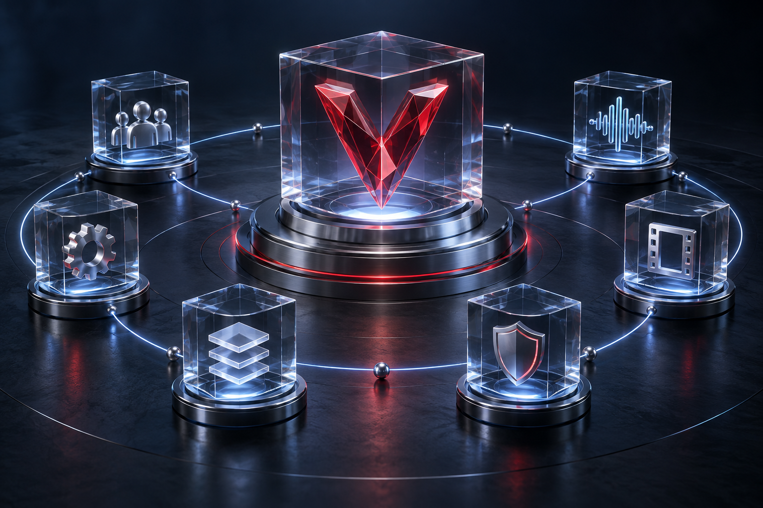 Conceptual glass AI OS core surrounded by workforce, productivity, creative, industry, security and platform modules