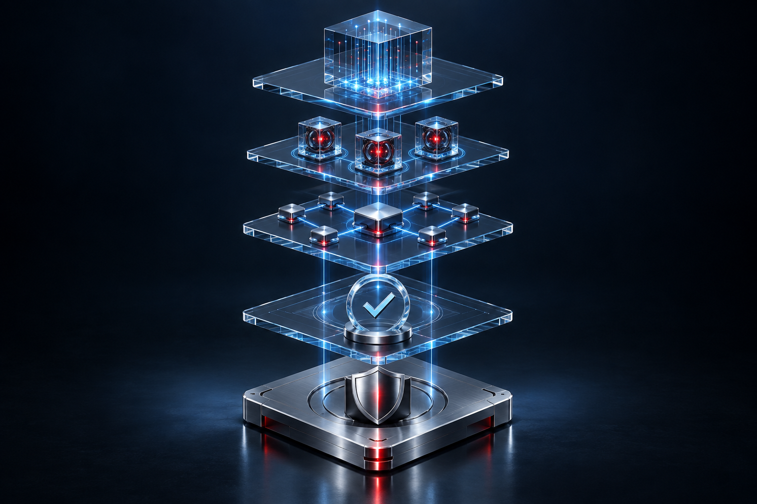 Exploded glass architecture with memory, agents, orchestration, governance and a security foundation