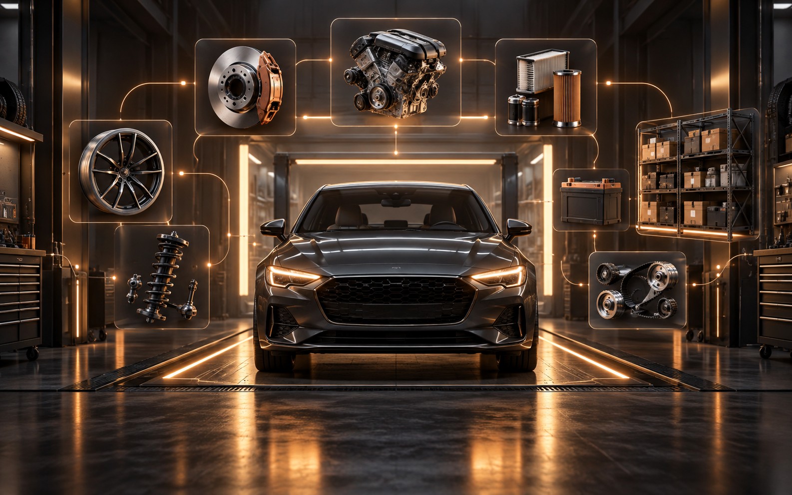 Automotive workshop with vehicle, spare parts and inventory visualizations