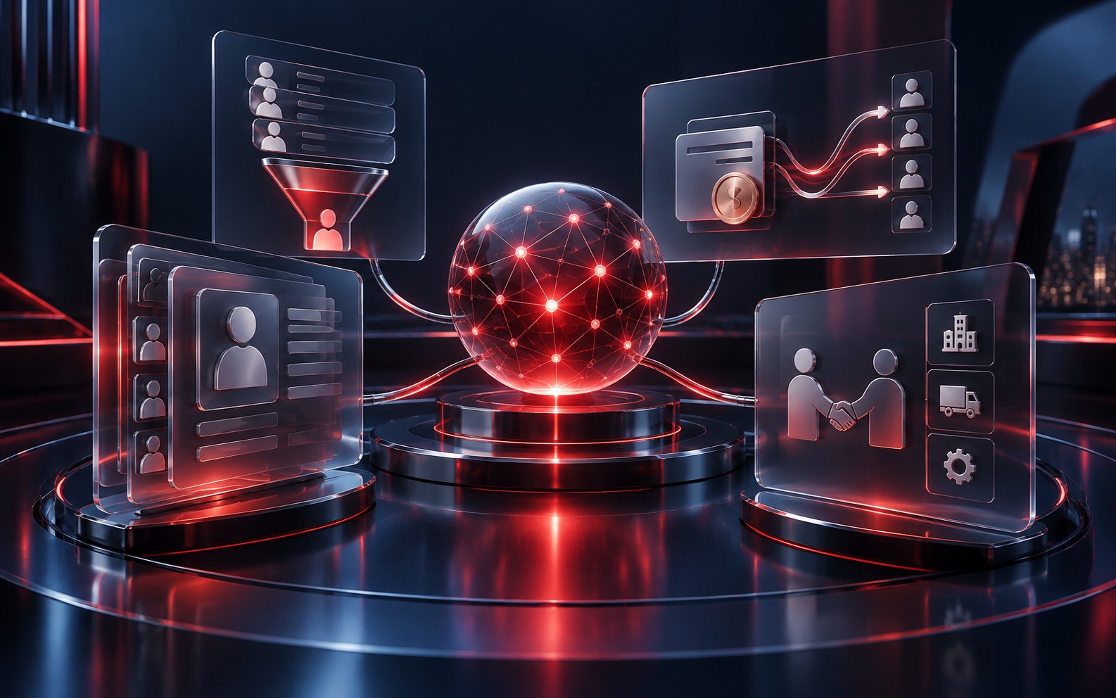 Red workforce network linking recruiting, employee, payroll and vendor panels